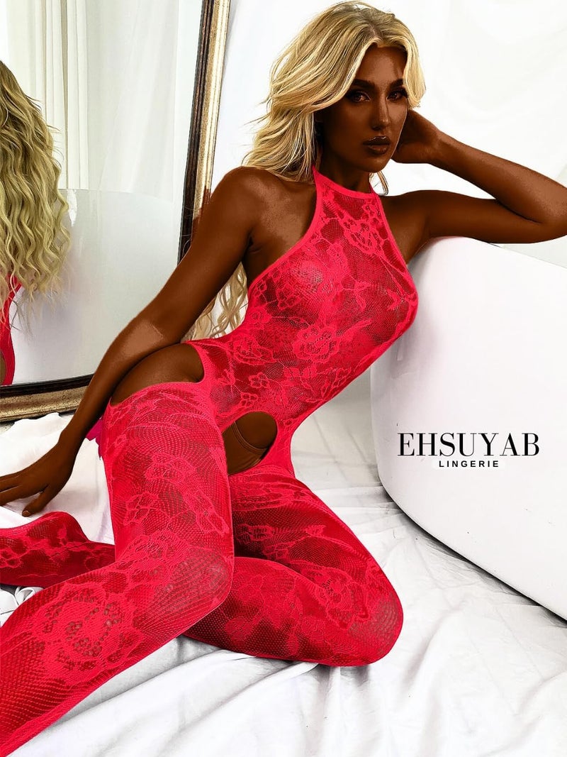 EHSUYAB Fishnet Body Suits, Satin Bow, Halter Backless Stretch Lingerie Stocking - Image 4